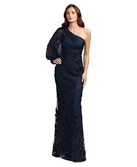 Mac Duggal Petite One Shoulder Chiffon Gown with Embroidered Floral Skirt