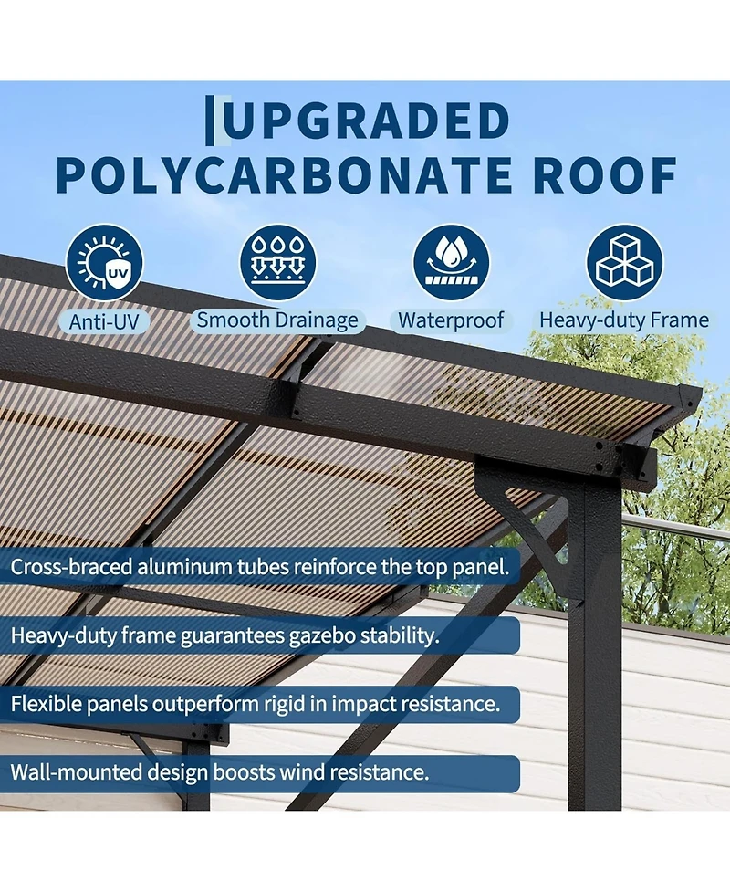 gaomon Outdoor Lean to Gazebo, Wall Mounted Patio Hardtop Gazebo Pergola with Polycarbonate Roof, Upgraded Steel Frame Hardtop Pavilion for Patio