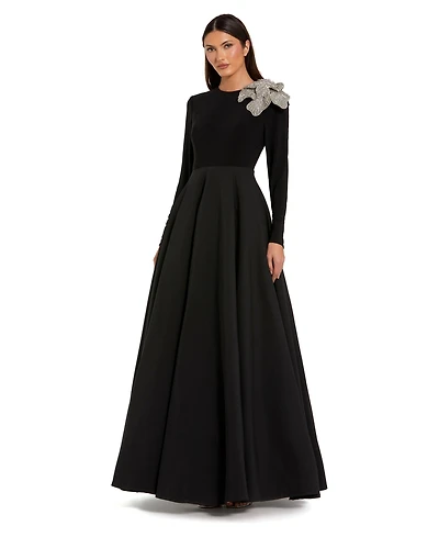 Mac Duggal Petite Long Sleeve Taffeta 3D Flower Ball Gown