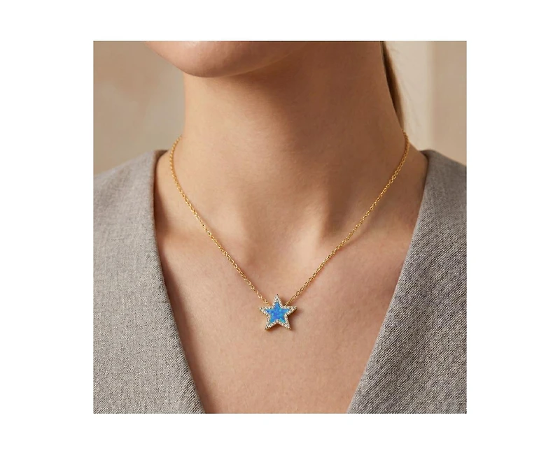 Rachel Glauber 14K Gold Plated Sparkling Star Opal and Cz Halo Necklace