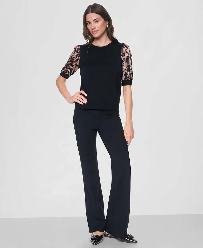 Dkny Women's Printed Twist-Sleeve Mix Media Sweater