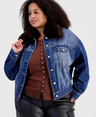 And Now This Plus Removable Faux-Fur Collar Denim Cropped Jacket, Macy's Exclusive