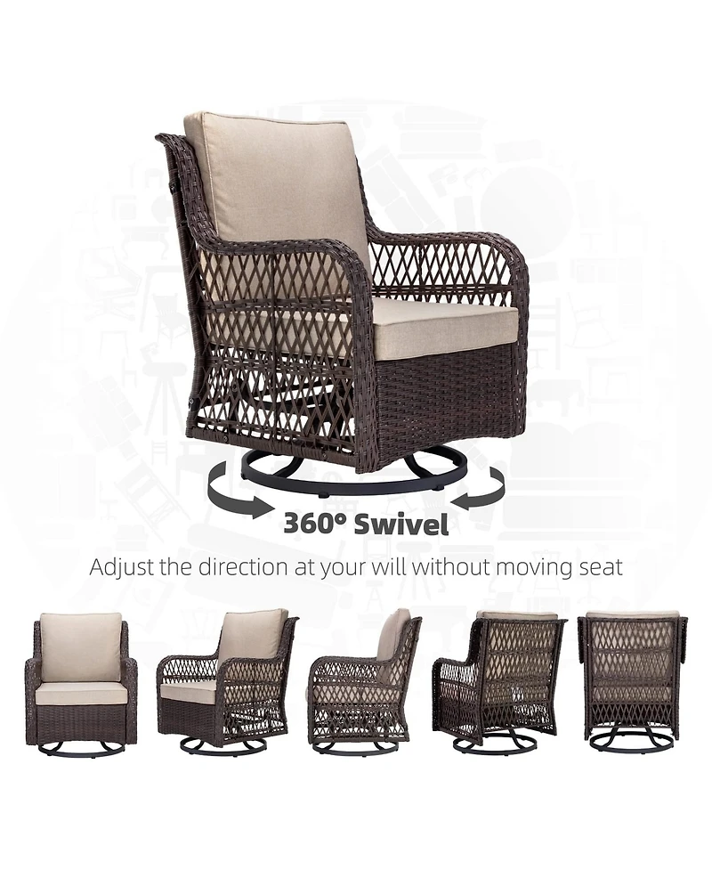 homfan Wicker Swivel and Glide Patio Chair Set with Cushions and Tempered Glass Side Table Durable Outdoor Seating for Porch or Backyard
