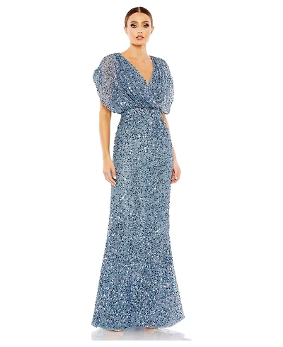 Mac Duggal Petite Draped Sleeve V Neck Gown