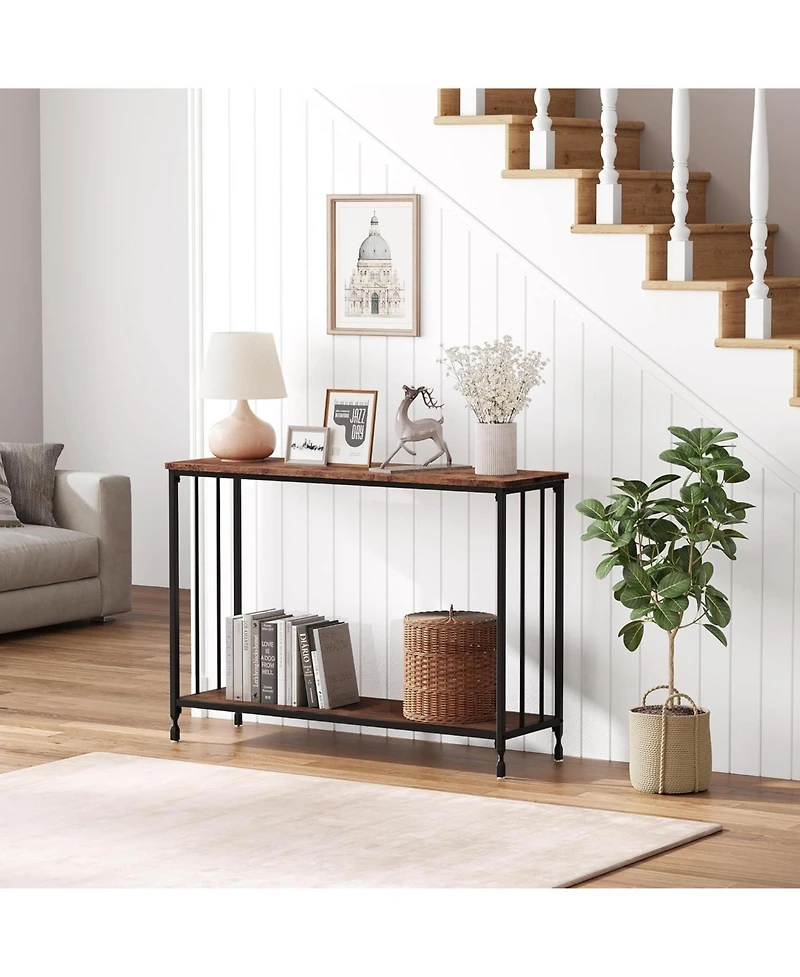 homfan 2-Tier Console Table for Entryway or Behind Sofa – Rustic Finish, Engineered Wood Shelf with Metal Frame Hallway Living Room