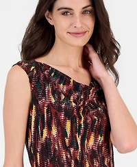 Kasper Petite Shawl Collar C Abstract-Print Cowl Neck Cap-Sleeve Blouse