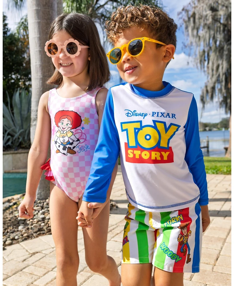 Toy Story Toddler Boys Mickey Mouse Swimwear 2-Piece Rash Guard and Swim Trunks Set