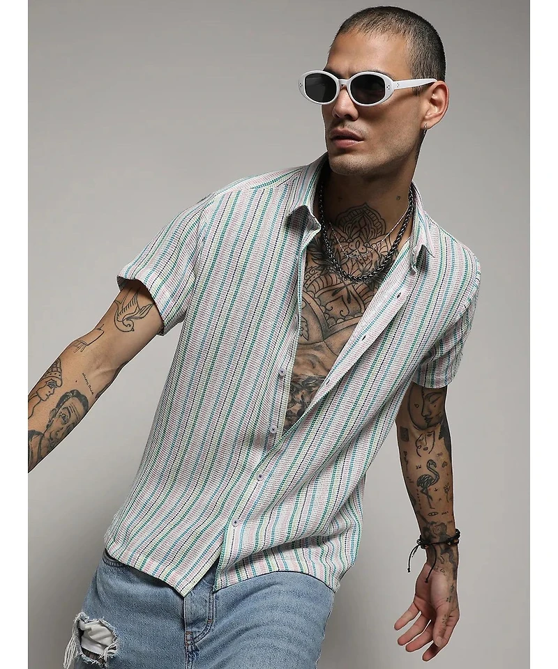 Campus Sutra Men's Pink & Green Unbalanced Striped Woven Shirt