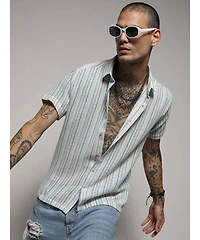 Campus Sutra Men's Pink & Green Unbalanced Striped Woven Shirt