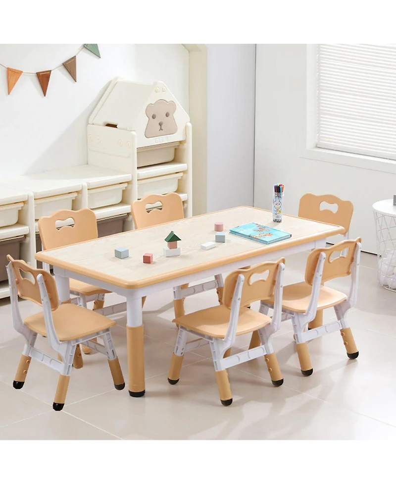 gaomon Height Adjustable 7- Piece Kids Table and 6 Chairs Set Multi-Activity Study Table with Graffiti Desktop for Ages 2-10
