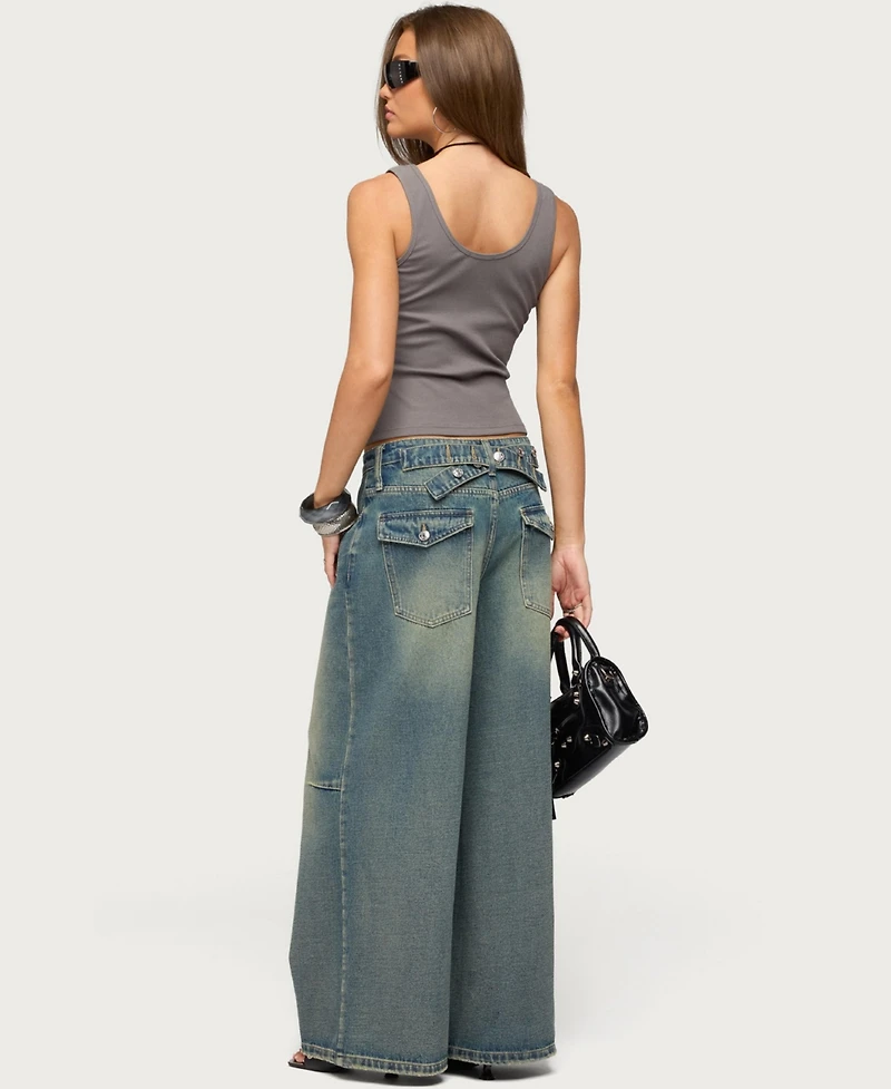 Edikted Women's Adjustable Button Low Rise Baggy Jeans