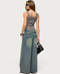 Edikted Women's Adjustable Button Low Rise Baggy Jeans