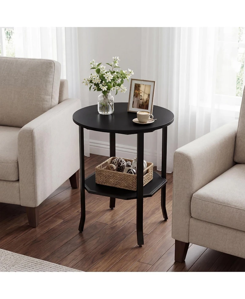 Slickblue Small Space Round Side Table with Storage Shelf, 2-Tier Nightstand Design