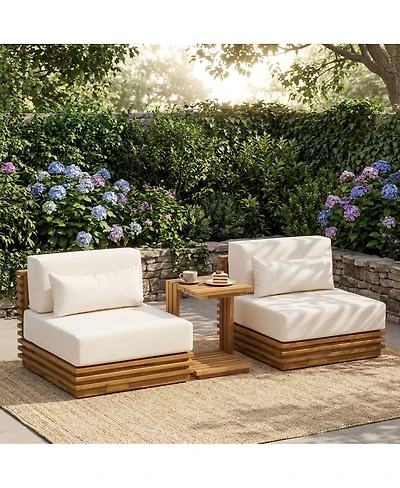 Asagikoiai 3 Piece Patio Conversation Set Low Profile Acacia Wood Club Chairs and Side Table