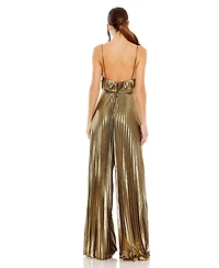 Mac Duggal Women's Petite Metallic Pleated Wide-Leg V-Neck Jumpsuit