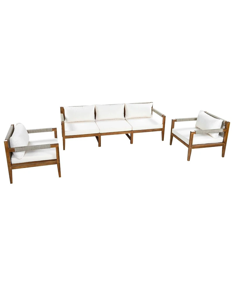 Asagikoiai 3-Piece Acacia Wood Outdoor Conversation Set with Rope Woven Backrest and Cushions