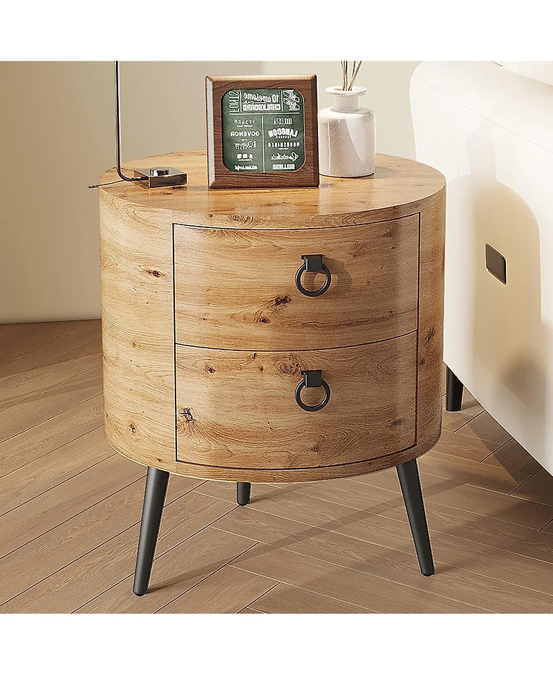 homfan Set of 2 Round Side Table with Drawers