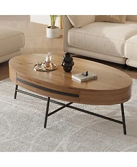 homfan Mid-Century Modern Oval Coffee Table with Drawer - 47.2" Wooden Center Table with Cross Metal Legs, Ample Storage and Curved Design