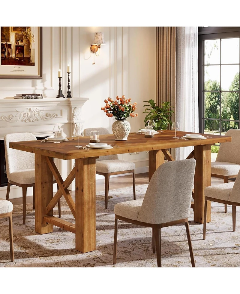 Tribesigns 63-Inch Farmhouse Dining Table for 4-6, Solid Fir Wood Kitchen Table with Parquet Top and X-Shaped Legs, for Dining Room, Living Room