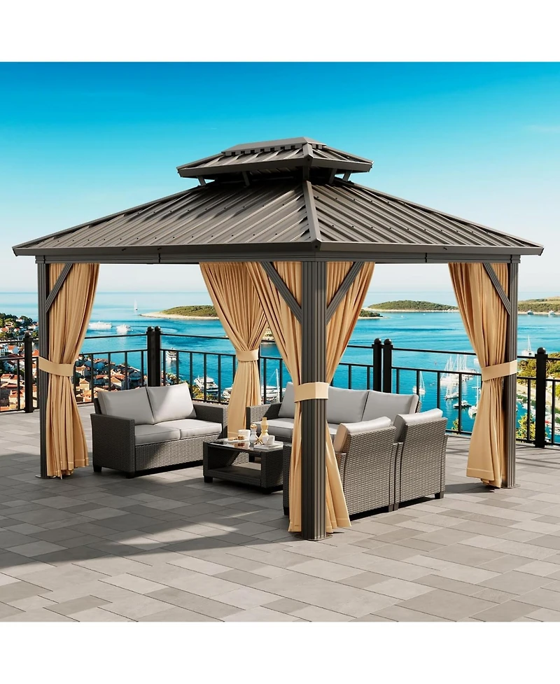 gaomon Gazebo Hardtop Gazebo with Double Roof, Aluminum Pergola with Aluminum Frame, Netting and Curtains, Outdoor Gazebos Canopy for Patio