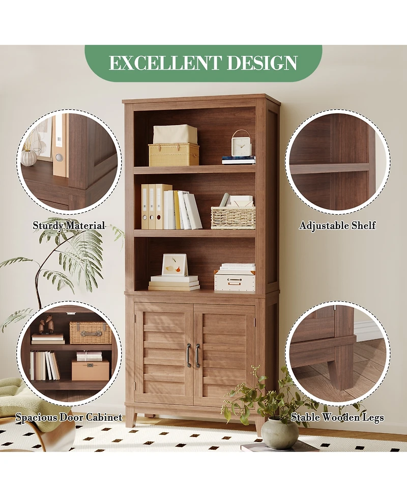 homfan 5-Tier Bookcase with Doors Floor Standing Farmhouse Wooden Bookshelf, 71.3" Tall Storage Cabinet for Home Office, Living Room or Bedroom