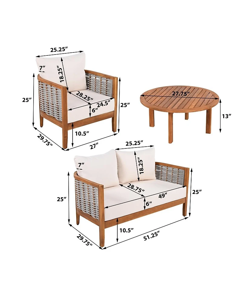 Asagikoiai 4-Piece Outdoor Woven Rope Sofa Set with Acacia Wood Frame for Patio Backyard