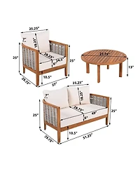Asagikoiai 4-Piece Outdoor Woven Rope Sofa Set with Acacia Wood Frame for Patio Backyard