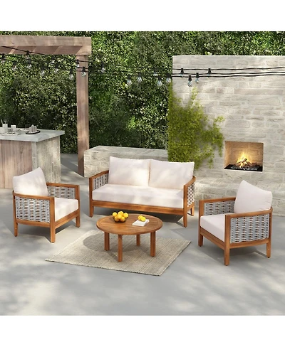 Asagikoiai 4-Piece Outdoor Woven Rope Sofa Set with Acacia Wood Frame for Patio Backyard