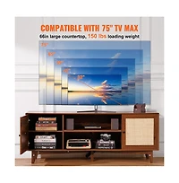 Sugift Rattan Tv Stand for 75 in Tv, 66 in Boho Entertainment Center with Built-In Power Strip and Storage Cabinets