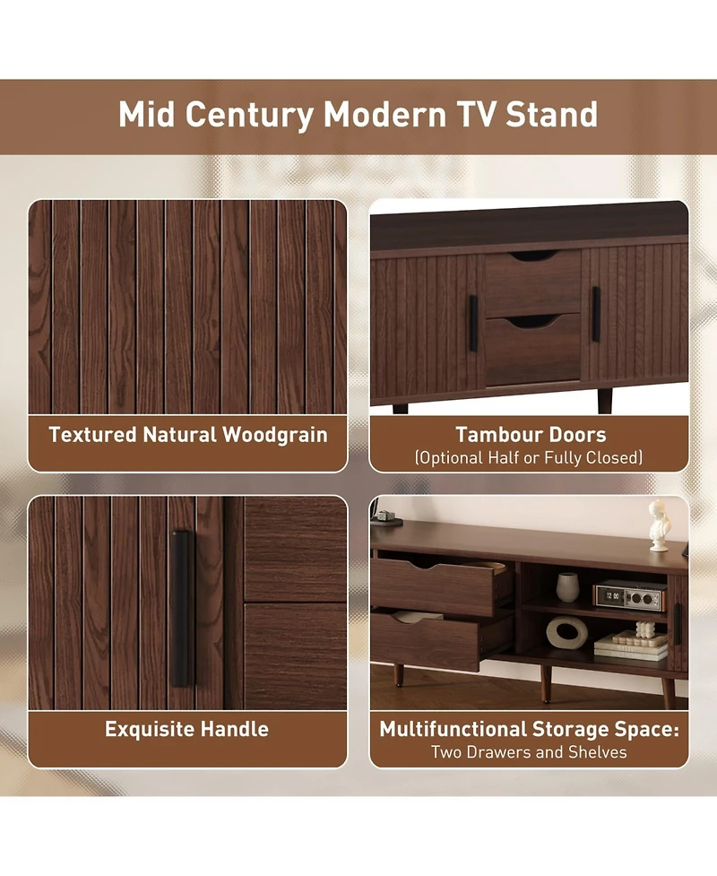 Rainsken 70 Inch Mid Century Modern Tv Stand, for 80 Inch Tv, with Power Outlet and Sliding Door, for Living Room, Bedroom