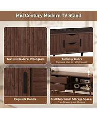 Rainsken 70 Inch Mid Century Modern Tv Stand, for 80 Inch Tv, with Power Outlet and Sliding Door, for Living Room, Bedroom