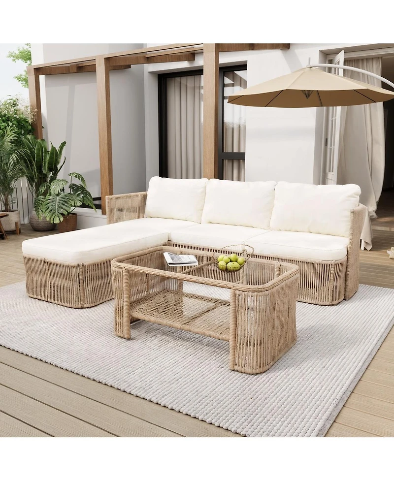 Asagikoiai Pe Rattan Outdoor Sectional Sofa Set with Cushions and Coffee Table