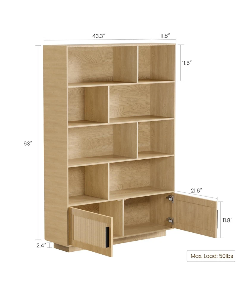 homfan 5-Tier Boho Bookcase with Rattan Doors – Tall Wooden Bookshelf with Open Shelves for Living Room or Bedroom