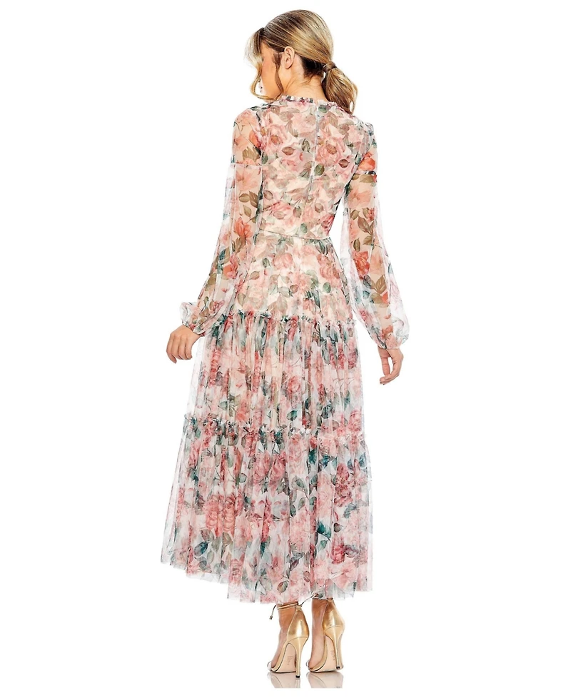 Mac Duggal Women's Long Sleeve High Neck Balloon Midi Dress