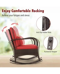 Gymax 3 Piece Outdoor Rocking Set Rattan Rocker Chairs w/ Tempered Glass Coffee Table