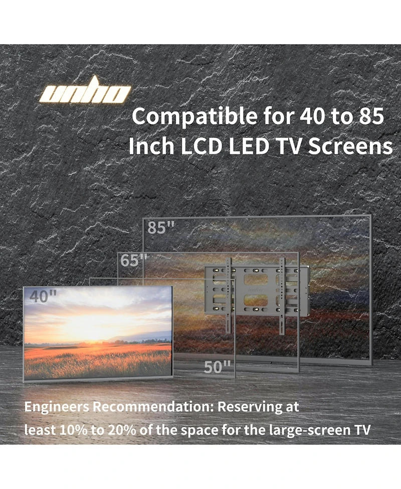 Unho Heavy Duty Full Motion Tv Wall Mount for 40-85 Inch Tvs Swivel TV Bracket Max Vesa 600x400mm up to 220 lbs