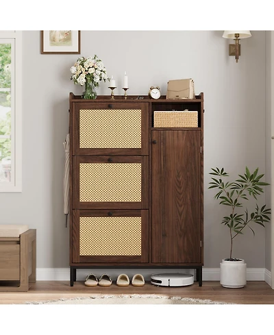 gaomon Space-Saving Rattan Shoe Cabinet 3 Turn-style Drawers and 4 Open Side Shelves, Adjustable Shelves, Slim Freestanding Entryway Shoe Organizer