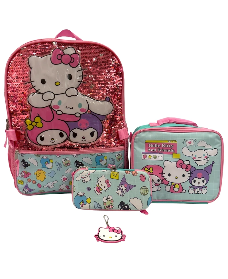 Accessory Innovations Boys' and Girls' Hello Kitty Backpack, Lunch Bag, Pencil Case and Carabiner Clip, 4 Pieces Set