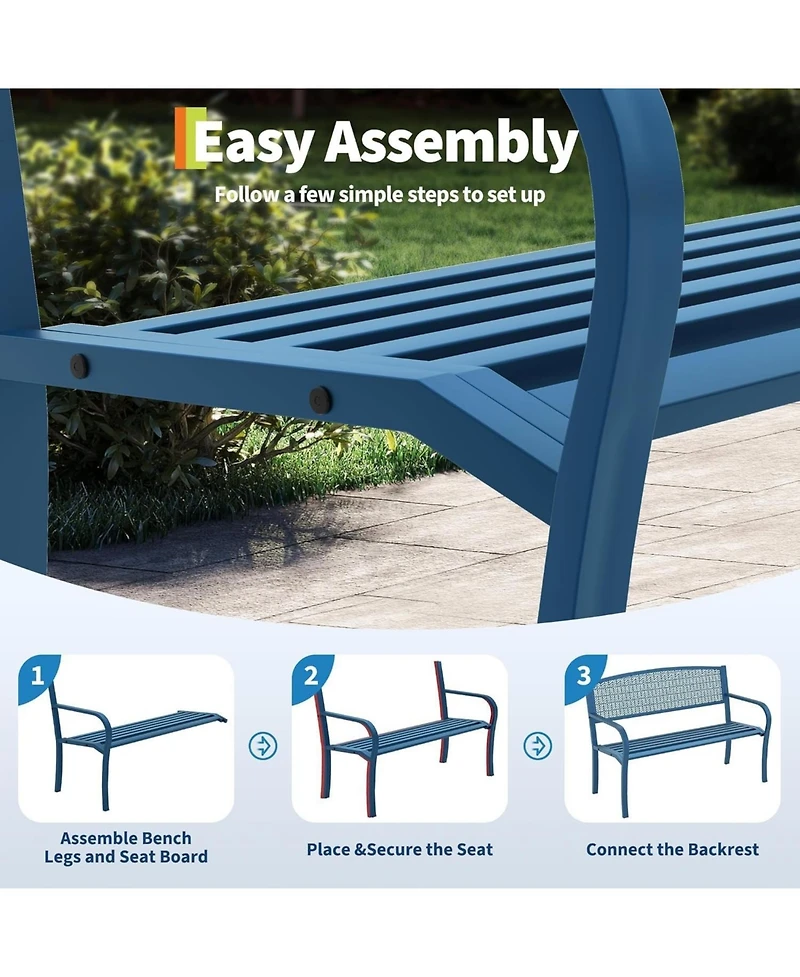 gaomon 50 Inch Metal Garden Bench Weather-Resistant Steel Patio Seat, Curved Spine-Friendly Backrest for Yard, Deck, Porch