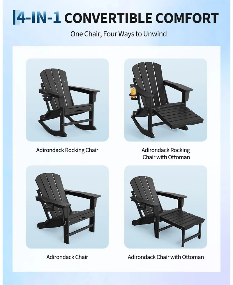 gaomon 2 Piece All-Weather Hdpe Outdoor Folding Adirondack Rocking Chair with Retractable Ottoman for patios, Decks, Gardens