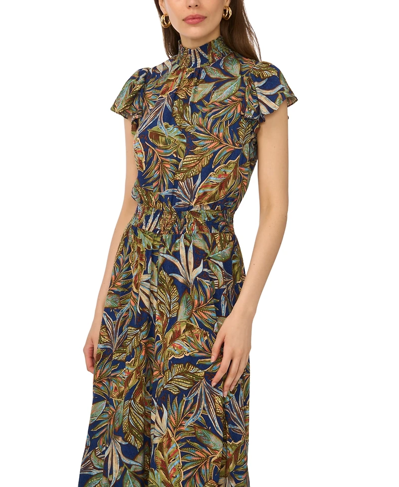 Msk Women's Leaf Print Smocked Mock Neck Jumpsuit
