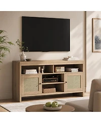 homfan Farmhouse Rattan Tv Console with Cable Management, Adjustable Shelves, Open and Enclosed Storage, Water-Resistant Top, Rustic Media Stand