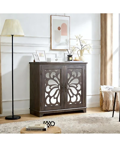Clihome Acrylic Mirror Door Buffet Cabinet, Mdf Hollow-Carved Accent Cabinet Storage Sideboard with Adjustable Shelves