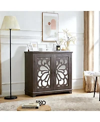 Clihome Acrylic Mirror Door Buffet Cabinet, Mdf Hollow-Carved Accent Cabinet Storage Sideboard with Adjustable Shelves