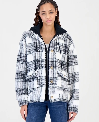 Madden Girl Juniors' Sherpa-Lined Plaid Hooded Shacket