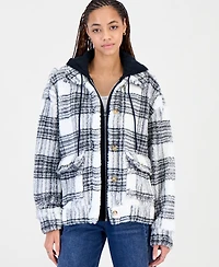 Madden Girl Juniors' Sherpa-Lined Plaid Hooded Shacket