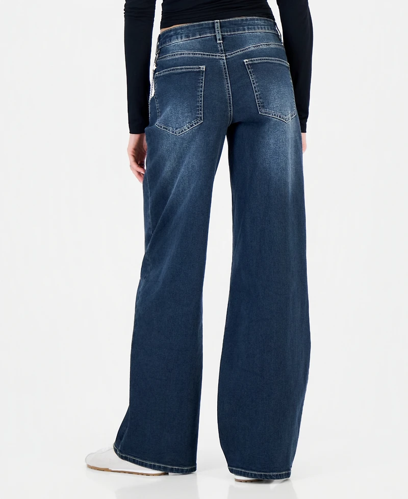 Madden Girl Juniors' 90s Wide Leg Rhinestone-Chain High-Waisted Cotton-Blend Jeans