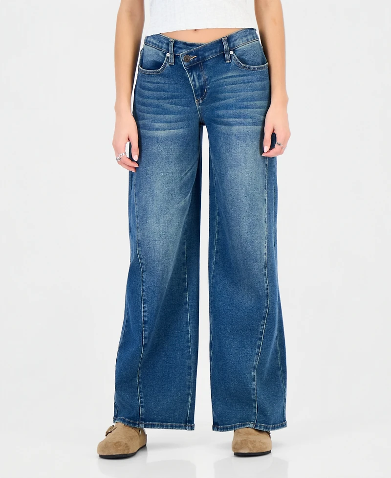 Madden Girl Juniors' Asym Elastic Back Waist High-Rise Wide-Leg Jeans