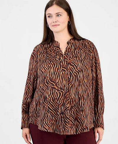 Anne Klein Plus Long-Sleeve V-Neck Pleat-Front Blouse