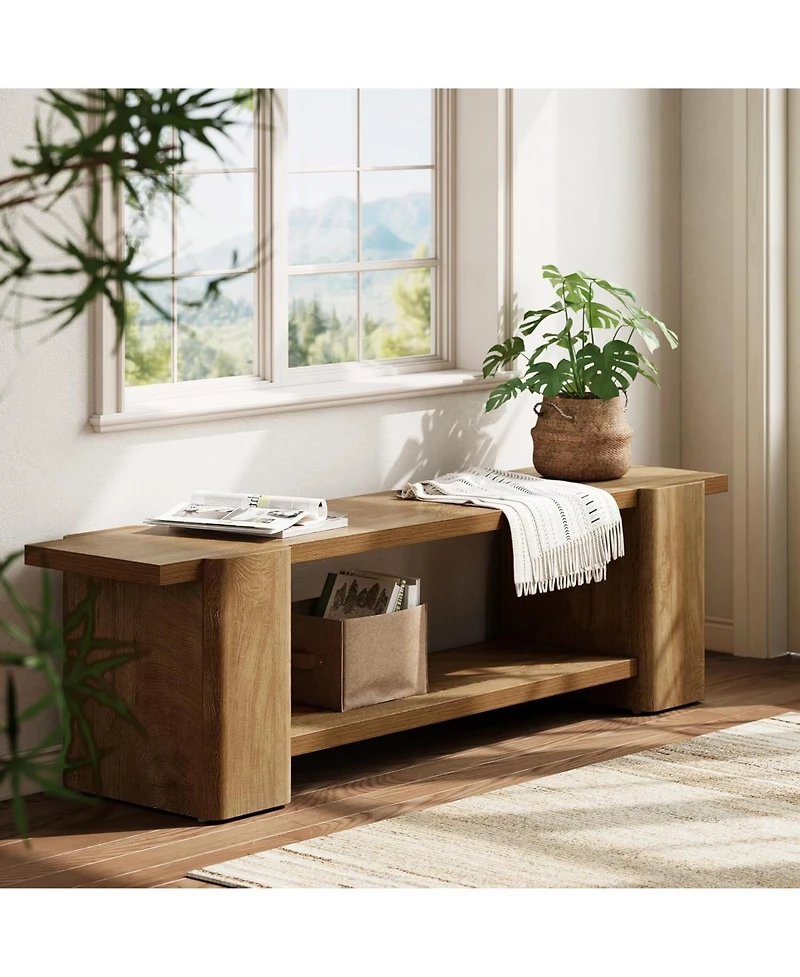 Tribesigns Wood Entryway Bench: 63" end of bed bench with storage shelf. Farmhouse shoe bench for entryway, dining room, hallway.